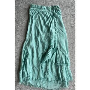 Made In Italy Midi Skirt Small Silk Raw Hem Tiered Slit Pull On Blue Beach Boho